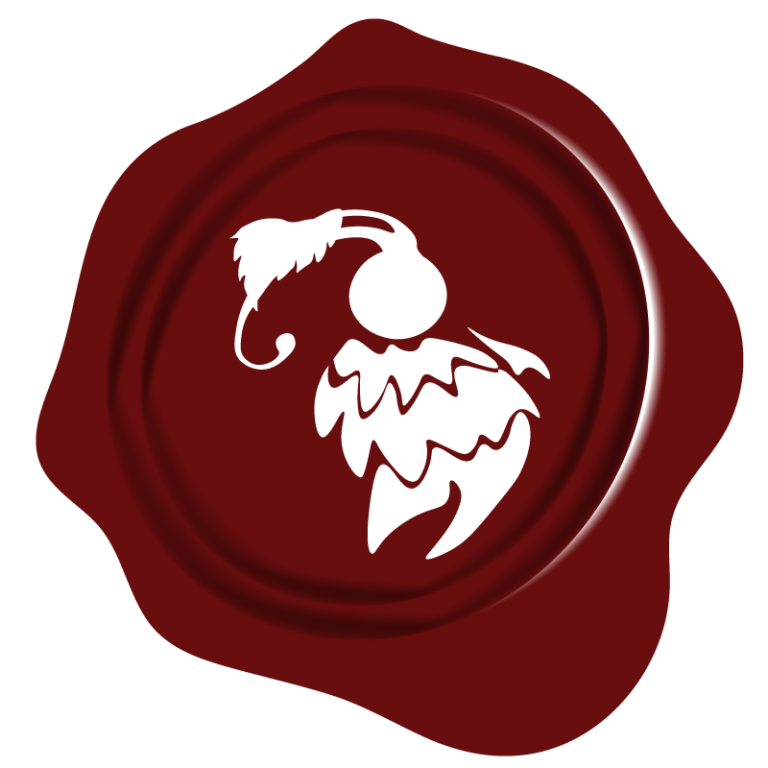 Logo de la micro-brasserie La Bracée représentant la mascotte officielle en forme de graine de houblon. La mascotte, au premiere-plan, est blanche sur un sceau rouge bordeau.