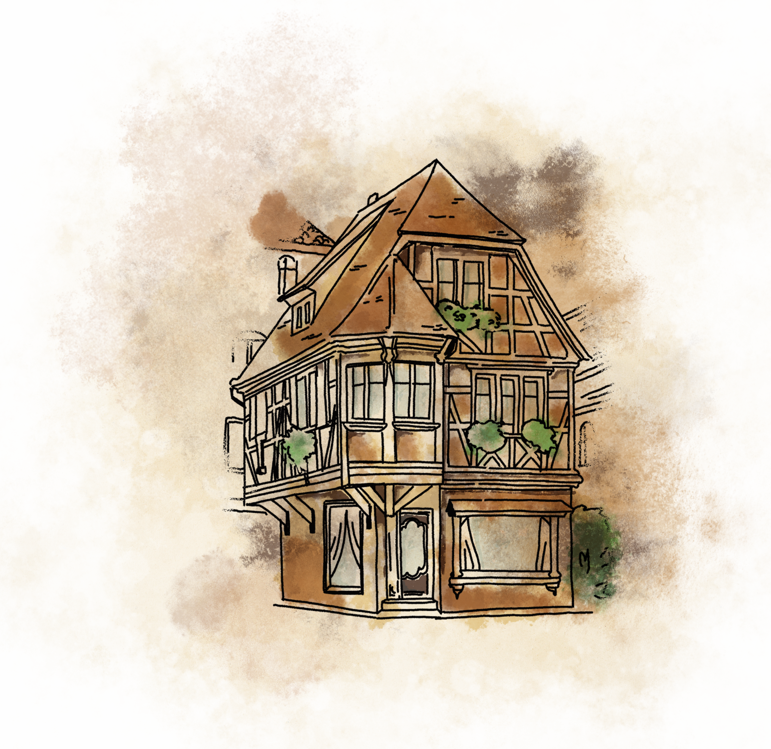 Maison à Colombage en aquarelle illustrant la micro-brasserie La Bracée ouvrant ses portes dans le quartier historique de Fougères, située Place du Marchix.